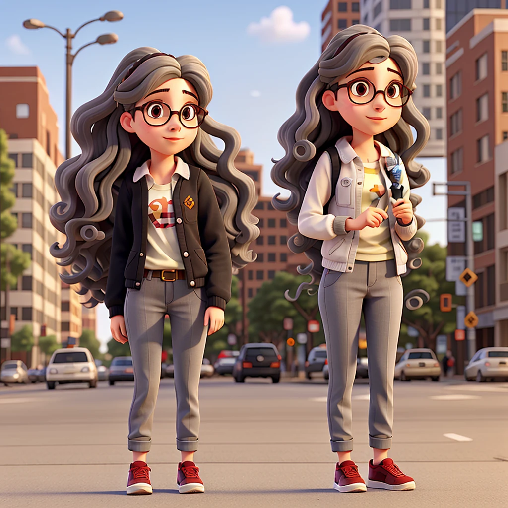 young woman with long curly hair and slightly gray, round glasses, with microphone on a busy street