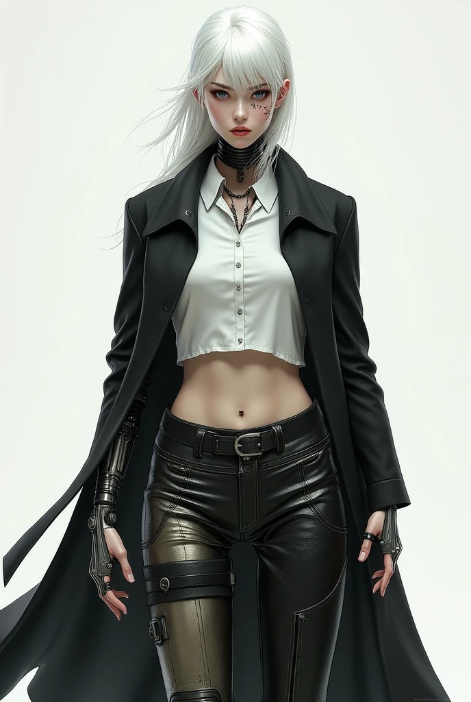 A white-haired Human, black eyes and fair skin, he has a scar on his right cheek and a mechanical right arm
and his lower body is all mechanical, he wears a white shirt under a black overcoat