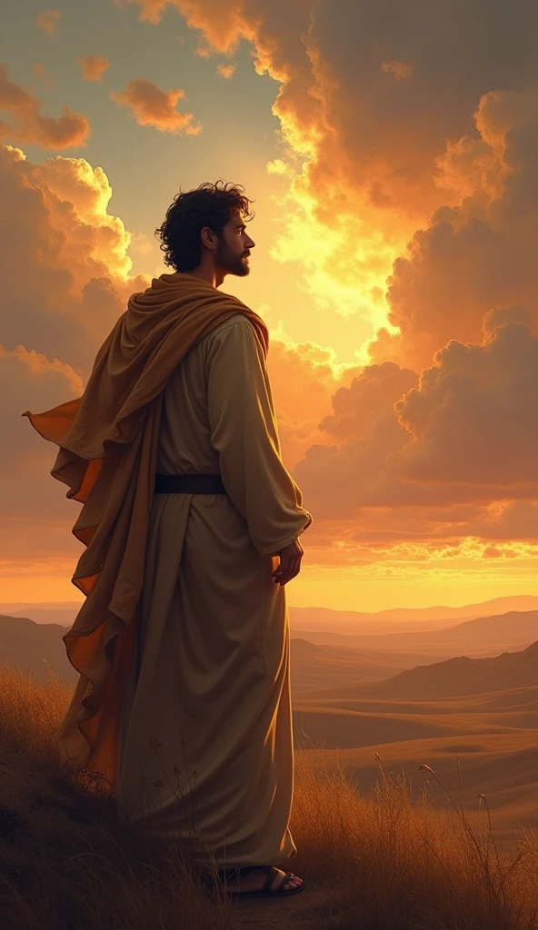 ((best qualityer)), ((work of art)), (detailded), "Joseph, son of Jacob, an image representing his dream being greater than his brothers, with the clouds in the sky in a dark orange tone