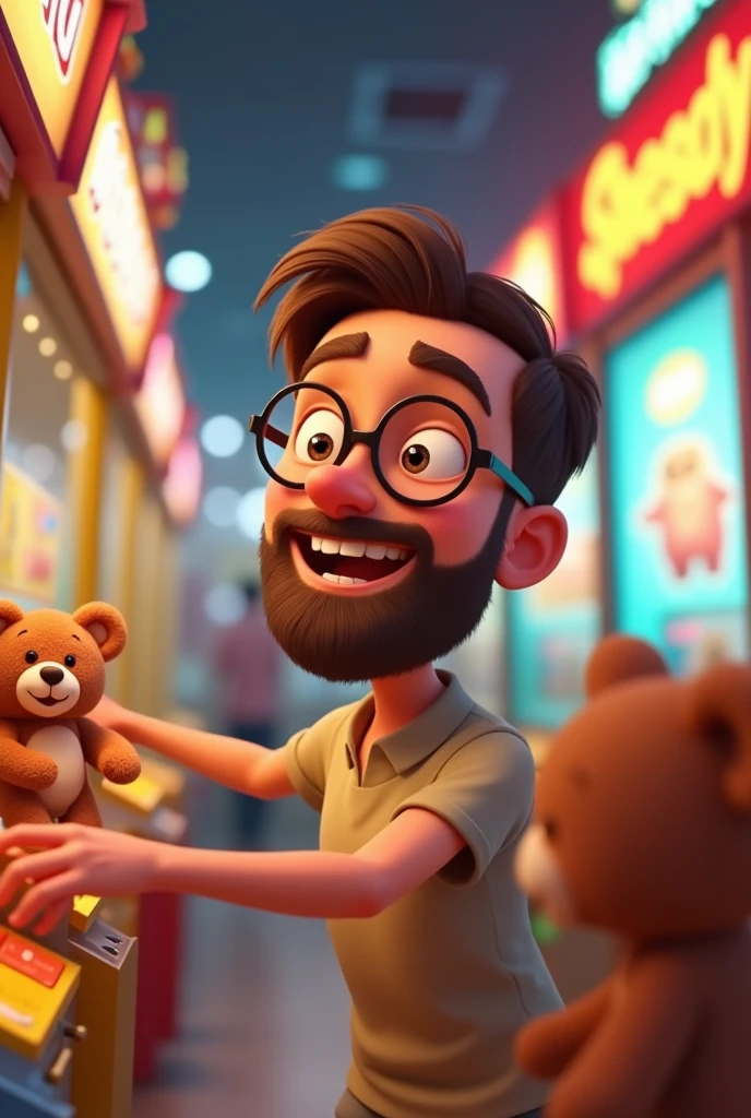 Pixar-style: young white man with a full beard, round and happy face, short, trimmed dark brown hair, Wearing Black Round Glasses, A neutral light-colored blouse and she's grabbing a teddy bear from the shopping mall's arcade.