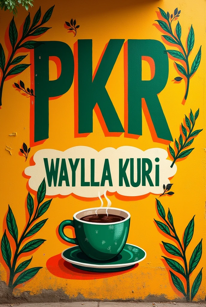 An illustration made on a mural with the words PKR in green, the lines and background in yellow, and the word WAYLLA in green and KURI in red, along with drawings of coffee branches and a cup.