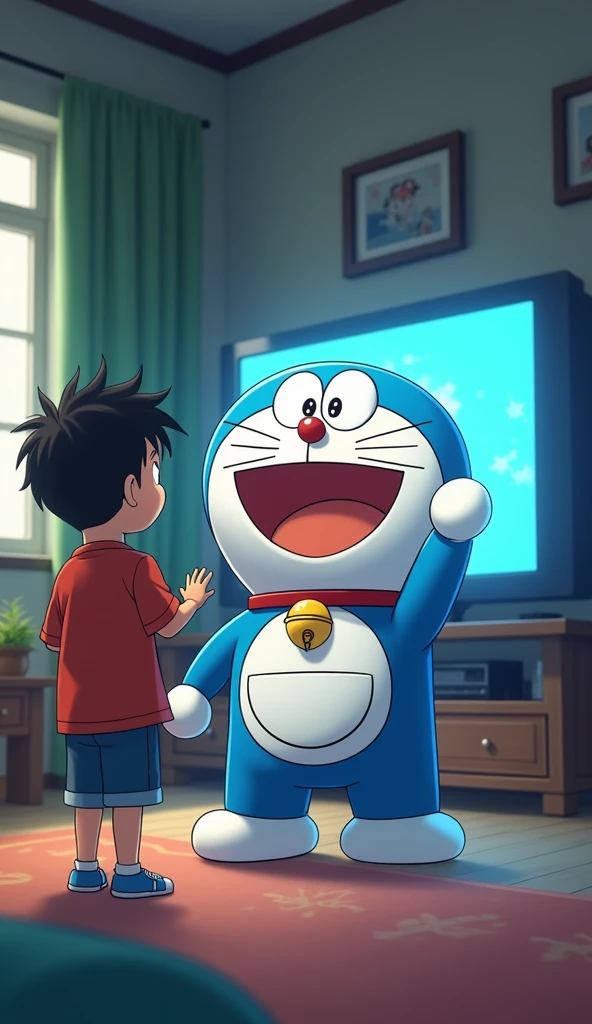 Doraemon stepped out of the TV and stood in front of the 13-year-old boy, waving hello.
