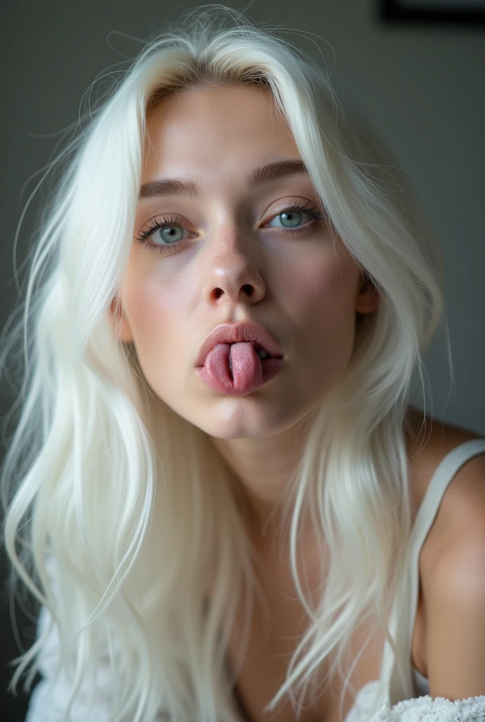 A picture of a white haired Slavic female spreading her pussy lips