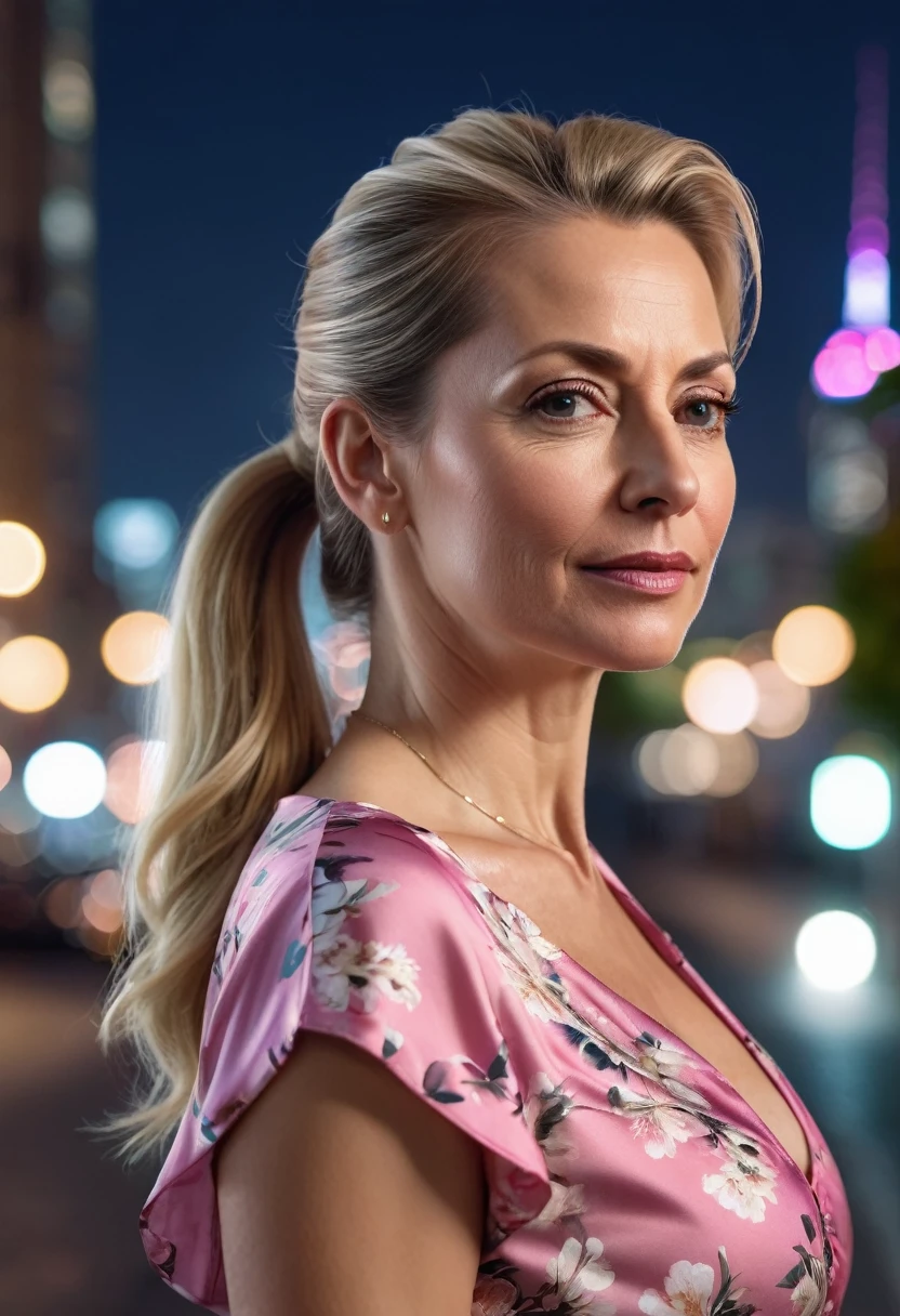 Close-up, 8K quality, realistic image of a beautiful 45 year old European woman with long blonde hair tied back in a ponytail. She had a curvy body with slightly larger breasts and was wearing a pink floral patterned blouse and a short skirt. He stood in the city at night, with the soft city lights illuminating him. The background features city buildings, street lights, and a lively night scene, highlighting its calm and elegant presence in the urban environment.