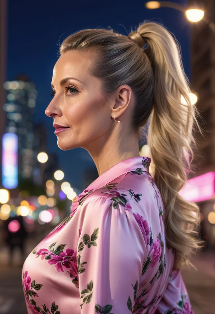 Close-up, 8K quality, realistic image of a beautiful 45 year old European woman with long blonde hair tied back in a ponytail. She had a curvy body with slightly larger breasts and was wearing a pink floral patterned blouse and a short skirt. He stood in the city at night, with the soft city lights illuminating him. The background features city buildings, street lights, and a lively night scene, highlighting its calm and elegant presence in the urban environment.