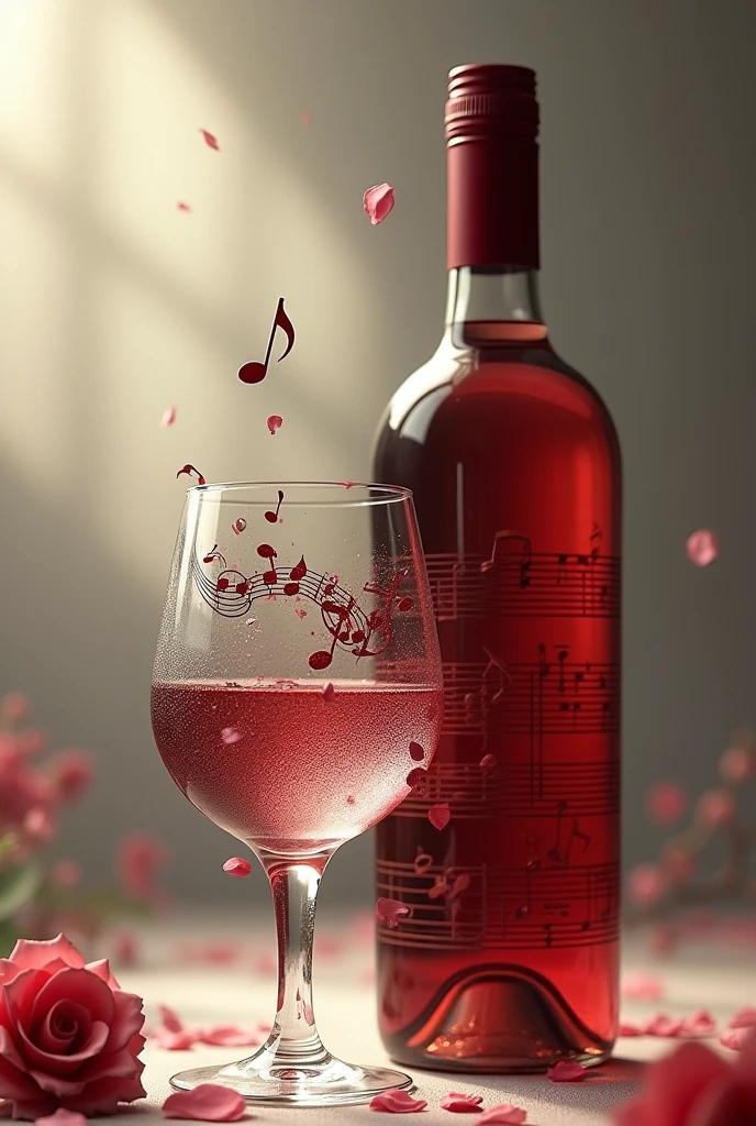 a bottle of wine and a glass full of musical notes 
