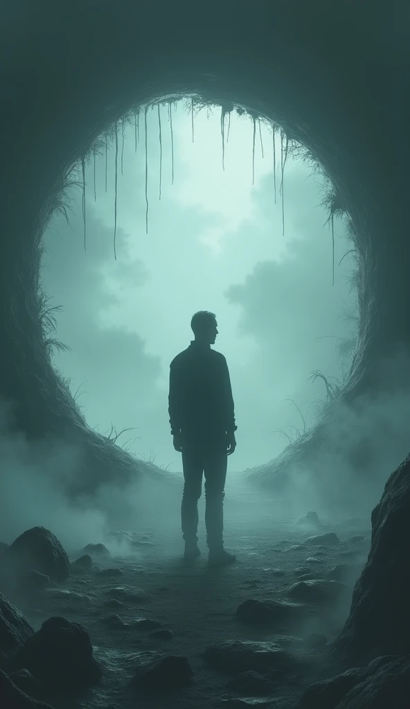 There is a man standing in a hole in a mysterious fog, a painting inspired by Cyril Rolando, an ethereal still painting, a world that can only be seen through a portal, standing in a whirlpool, highly detailed surreal visual effects, Digital art 4k unsettling,