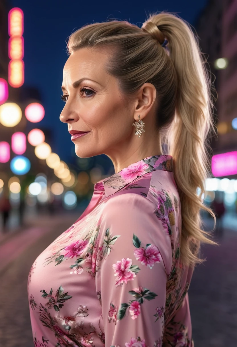Close-up, 8K quality, realistic image of a beautiful 45 year old European woman with long blonde hair tied back in a ponytail. She had a curvy body with slightly larger breasts and was wearing a pink floral patterned blouse and a short skirt. He stood in the city at night, with the soft city lights illuminating him. The background features city buildings, street lights, and a lively night scene, highlighting its calm and elegant presence in the urban environment.