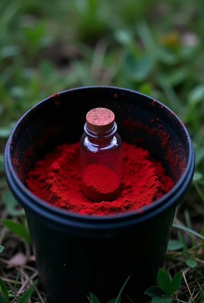 vial, red dust in vial, vial in large black plastic container without lid, outside, on the grass, top view, low light, red dust only inside vial