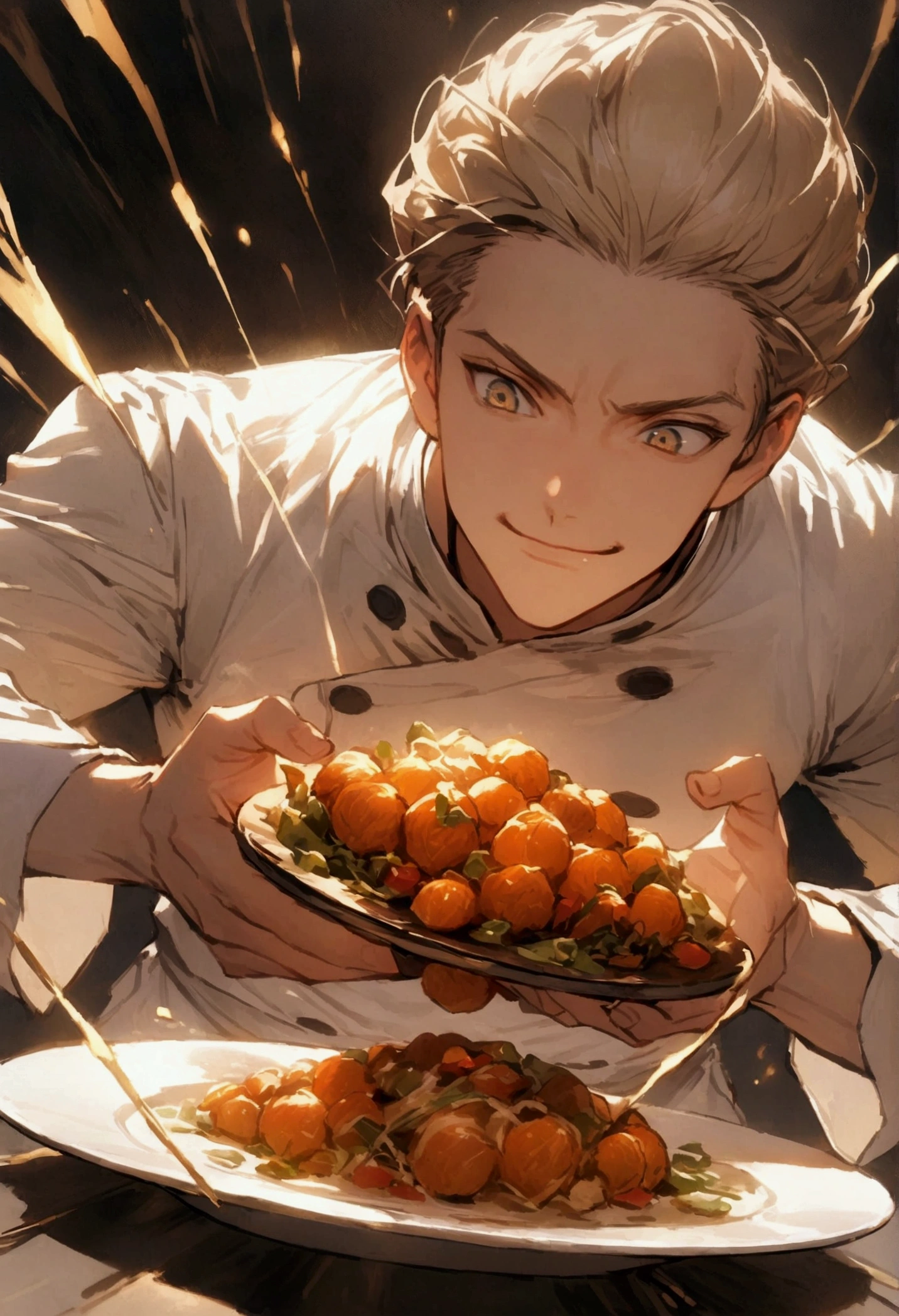A close-up of the chef's face as he concentrates on his work. His eyes are focused, and a small, determined smile plays on his lips as he meticulously arranges the food on the plate. The lighting highlights the intensity of his expression and the precision of his movements.