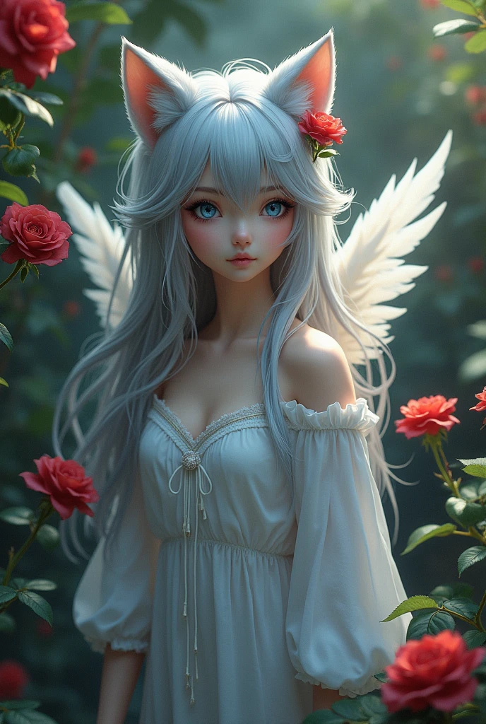 A female human with wolf ears and a wolf tail, with grey hair, blue eyes, with white wings and a rose in her hair, and rose bushes in the background