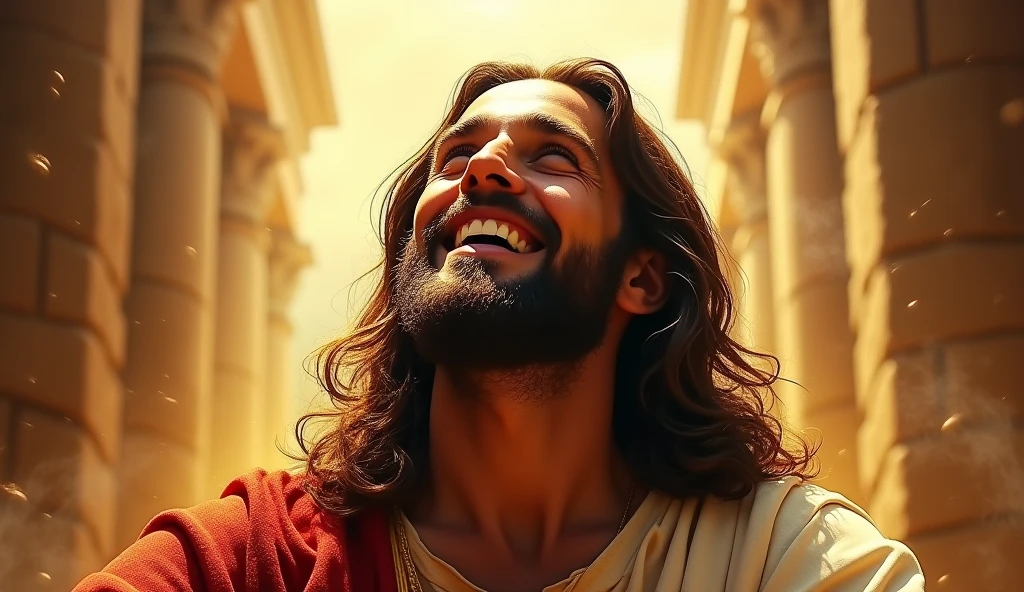 (melhor qualidade,4k,8k,Altas,master part:1.2),ultra-detalhado,(Realistic,fotorrealista,photo-realistic:1.37),Jesus Christ looking up to heaven,expression happy, estilo de arte tradicional,vivid and dynamic brushstrokes,Ancient playful setting ,Charismatic expression,postura humilde,historic portrait,Noble Features,estilo de pintura de tinta e lavagem,finely detailed facial features,Paradisiacal scenery,olhar confiante,,ambiente com Luz do sol dourada iluminando a cena,aura angelical,atmosphric perspective,Explosive lighting