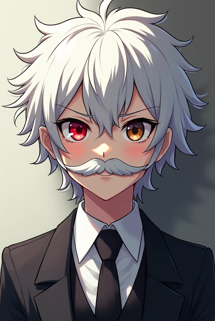 Messy white hair character in anime style, red left eye, right eye brown, mustache mustache and formal clothes