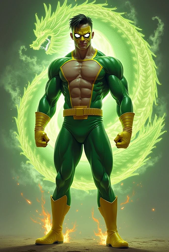 1man, shirtless, martial arts, yellow superhero upper mask, white eye patterns with black outline, muscular, green costume, yellow belt and boots, burning fists, black dragon tatto shapes into a circle, dragon aura, mystical