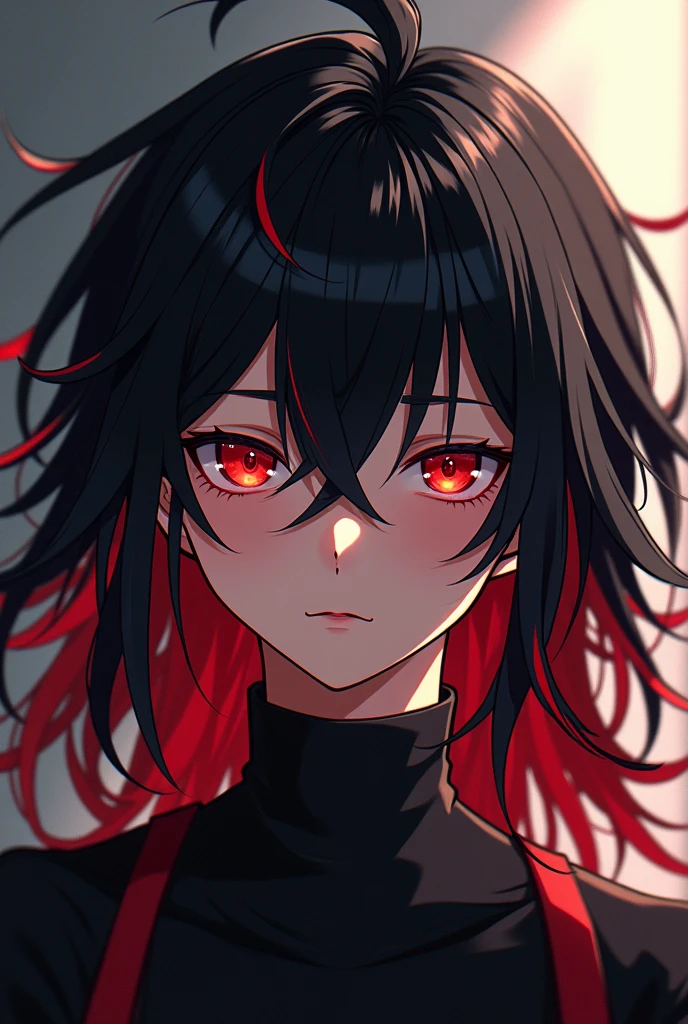 A Spanish boy with long black and red anime hair, red eyes, and a height of 180 cm.