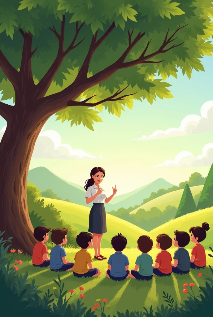 Teacher teaching children under a tree vectorized