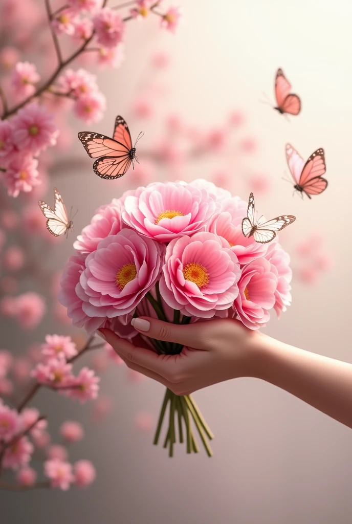 a hand holding a very beautiful bouquet of pink flowers, with some butterflies around