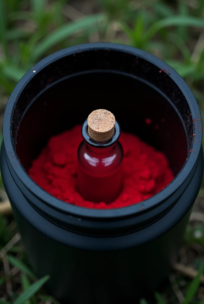 vial, red dust in vial, vial in large black plastic container without lid, outside, on the grass, top view, low light, red dust only inside vial