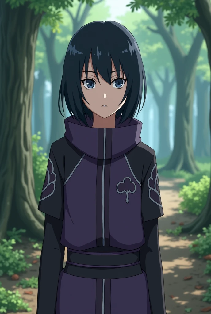 Screenshot, naruto anime style, A girl, women, medium height, blue eyes, short black hair loose, side bangs, purple and black ninja clothing, In a forest