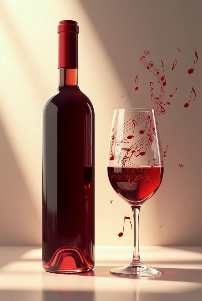 a bottle of wine and a glass full of musical notes