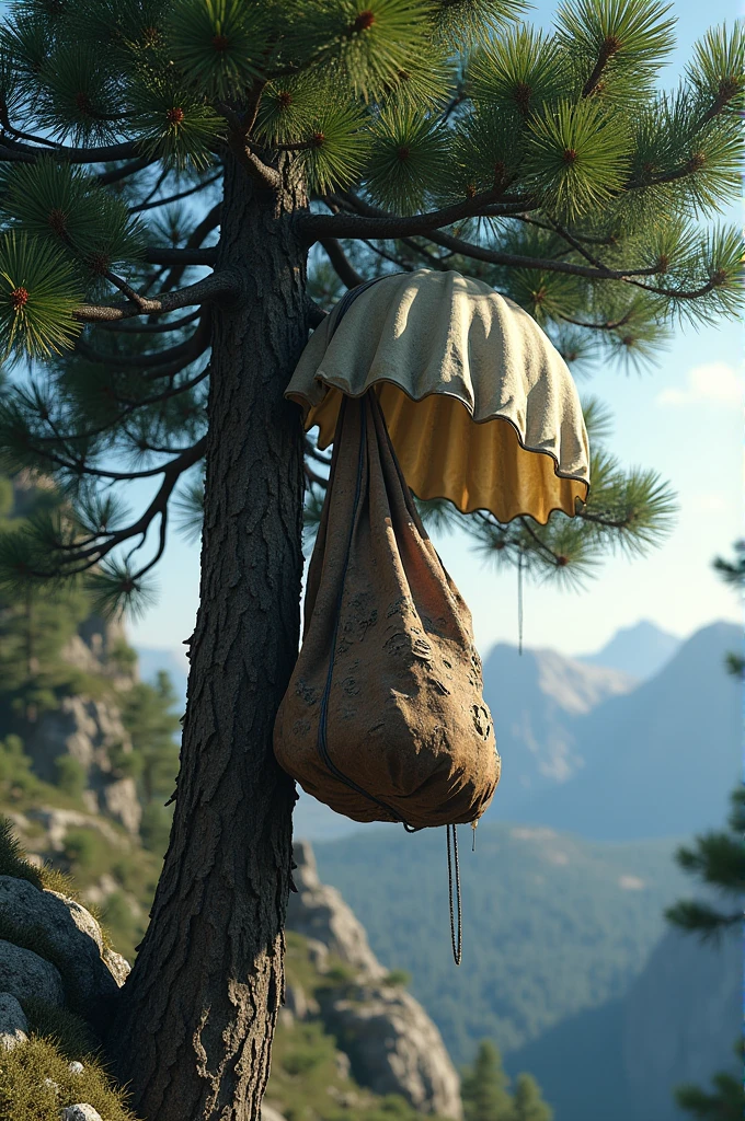 Torn parachute and ripped bag caught up in a pine tree