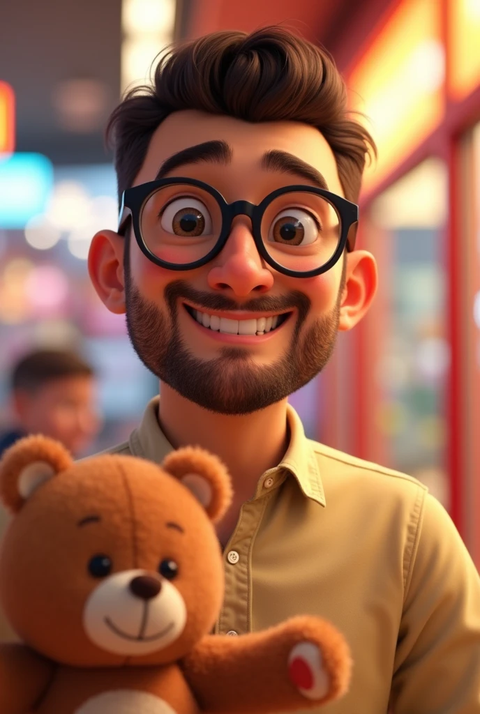Pixar-style: young white man with a trimmed beard on his full face, round and happy face, short, trimmed dark brown hair, Wearing Black Round Glasses, A neutral light-colored blouse and she's grabbing a teddy bear from the shopping mall's arcade.