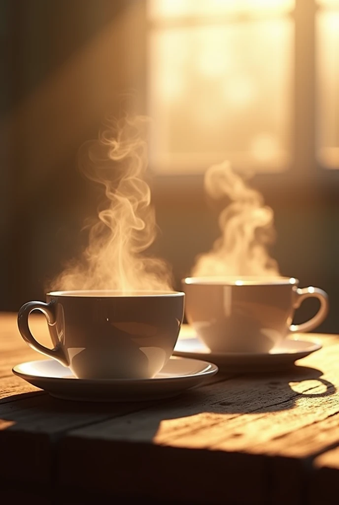 Two cups of coffee on a wooden surface, one in the foreground and the other slightly behind and diagonal to the first, and the smoke coming out of the cups forms a real heart and the sunlight catching behind.