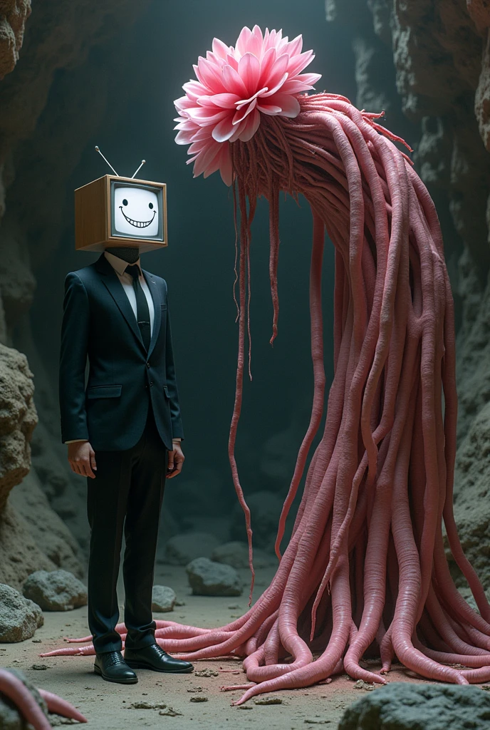 Thin man in an elegant suit with a television head, and on the screen a smile and eyes shaped like static, fighting against a pink plant or flower that moves thanks to its 50-meter roots inside a cave