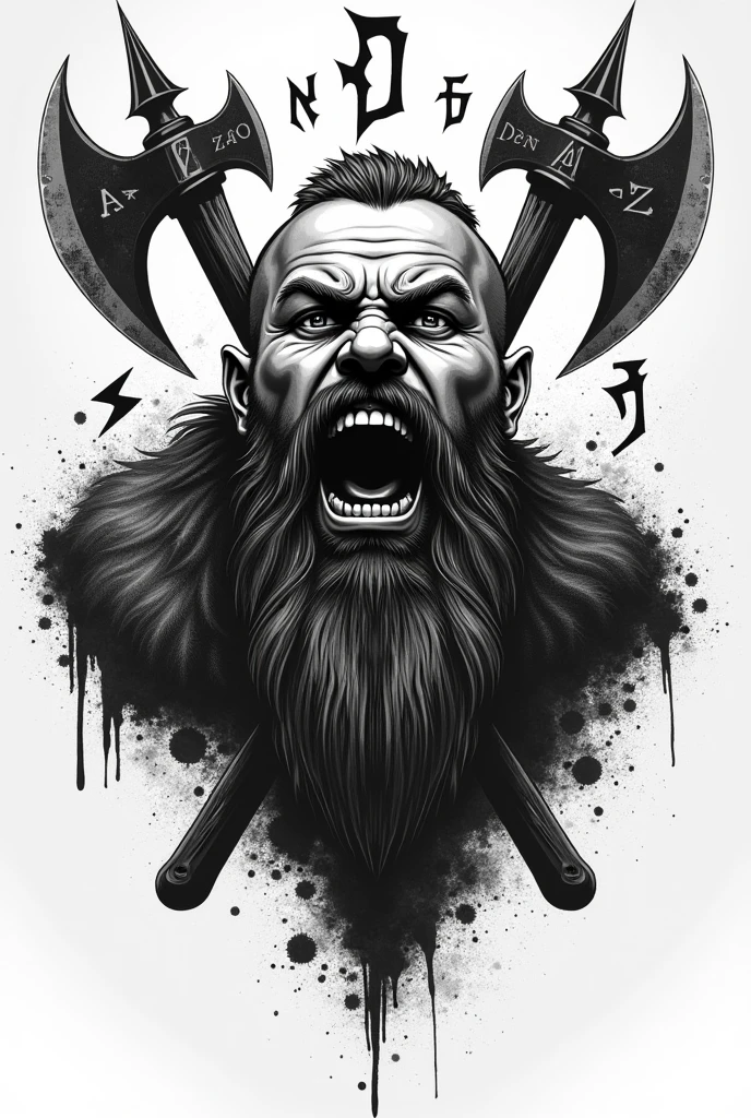 Create a black and white tattoo of a Viking's face in stippling, in profile, screaming with Viking runes and sharp axes for a tattoo.