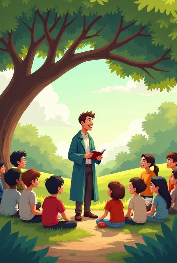 Professor teaching ren under a tree, vector illustration
