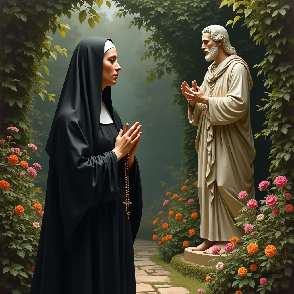 Saint Teresa of Avila in her dark habit praying the rosary standing in front of a garden next to Saint Joseph