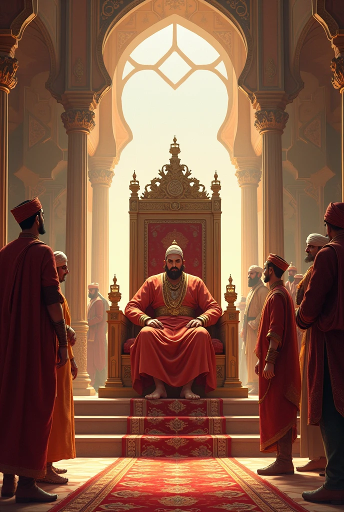 A grand royal court with Emperor Akbar seated on his throne, surrounded by richly dressed courtiers. Akbar has a curious expression, and Birbal stands before him, calm and composed.