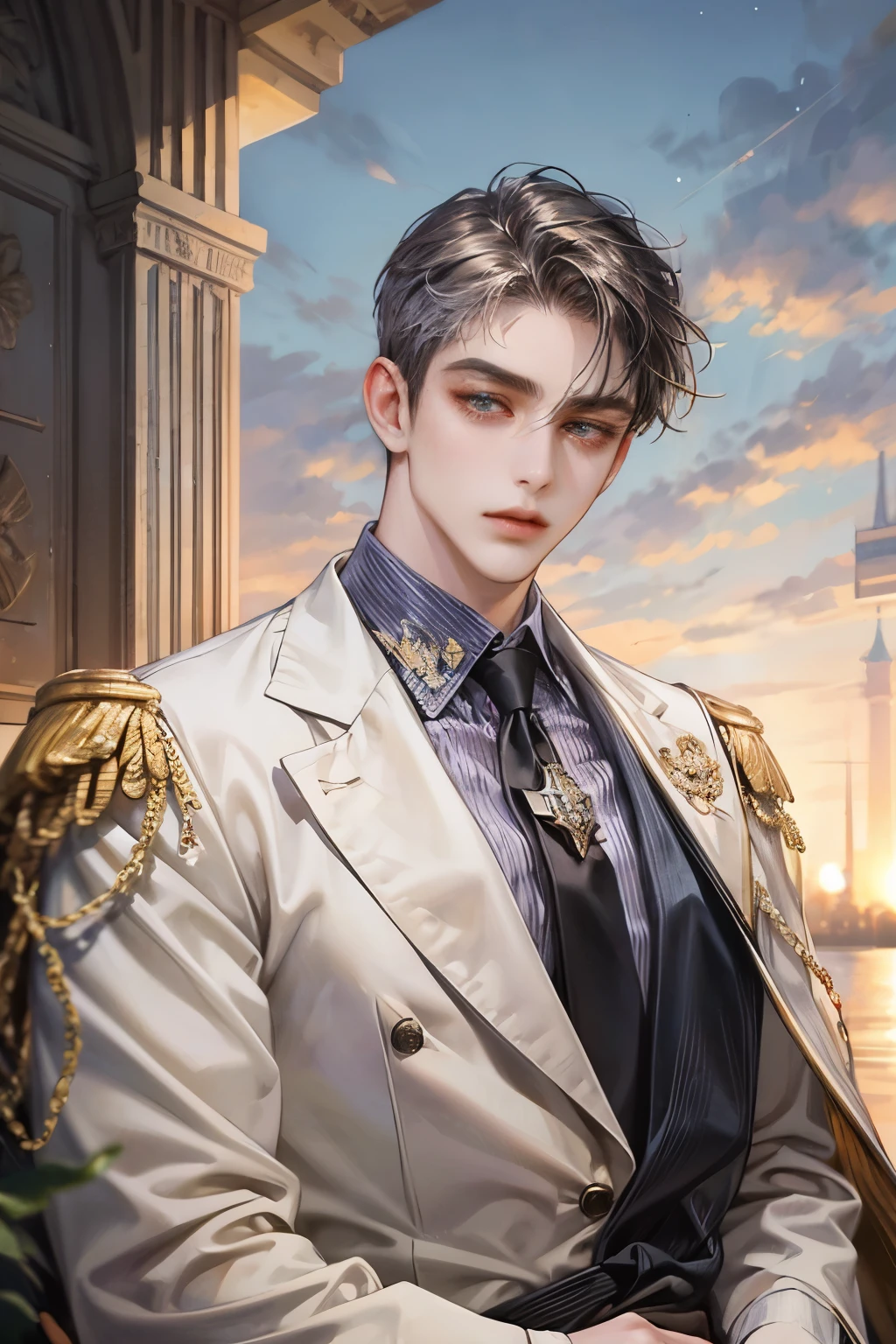 Roman Emperor Constantine the Great resurrected in modern times。34 years old。A mature man。Long body。Broad shoulders。Thick neck。eyes like a lion。Bright and sharp eyes。Looking here。sincereและใจดี。kind and reliable。Handle it seriously if necessary.。A talented and hard-working businessman。successful gentleman。occupation。He wears a high quality white suit。dark purple necktie。light purple shirt。Powerful。Overwhelming sense of control。ฮีโร่นวนิยายromantic。Featured elements。look up。lyrical。Amazing。sincere。romantic。wealthy。elegant。elegantce。Venice sunset background。Masterpiece。Highest quality。It's so beautiful.。Ultra-high resolution。details。exquisite