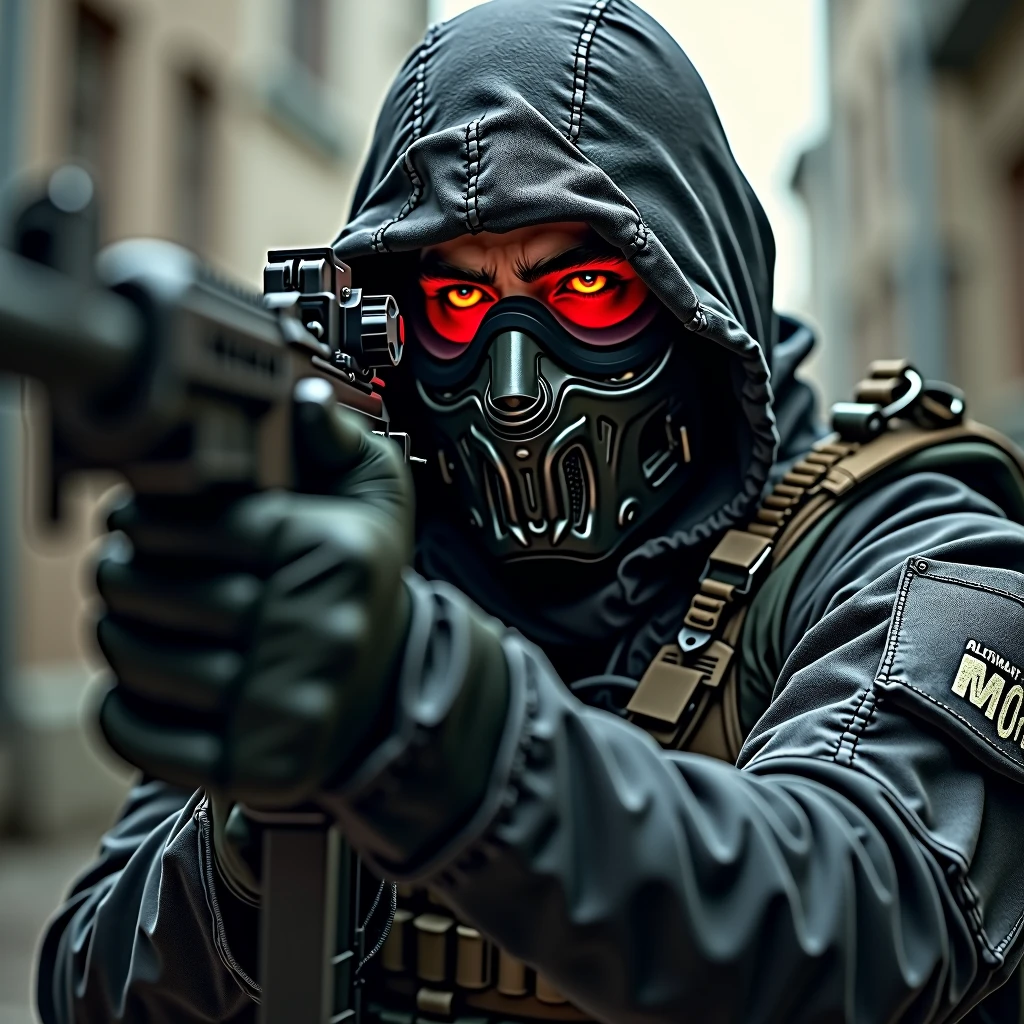 Soldie, angry, mask with red glasses, aiming automatic gun, m4,aiming to target