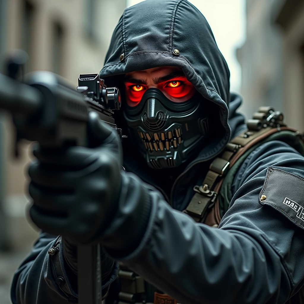 Soldie, angry, mask with red glasses, aiming automatic gun, m4,aiming to target