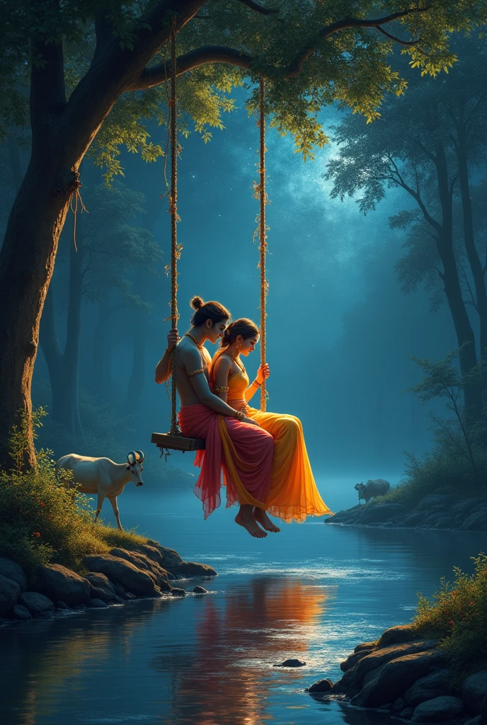 Photo of Lord Shri Krishna and Radha ji swinging on a swing with one leg under the other on the banks of Yamuna along with a cow grazing grass, huge forest, dark night 
glass 