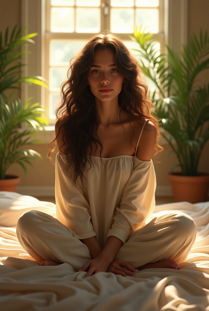 (photorealism:1.2), beautiful woman, sitting on bed, wearing loose off-shoulder top, pajama pants, long curly hair, indoors, soft lighting, plants in background, window with sunlight, cozy room, relaxed pose, realistic, intricate details, warm colors, by Greg Rutkowski, by Alphonse Mucha