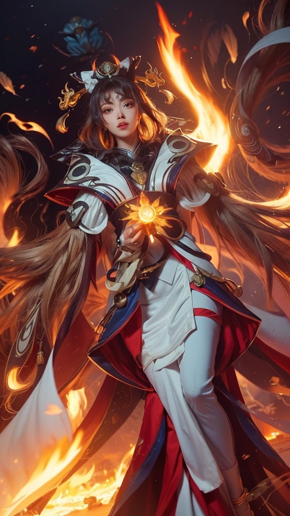 a woman in a white dress holding a sword and a fire ball, beautiful celestial mage, onmyoji detailed art, full portrait of elementalist, onmyoji, epic mage girl character, by Yang J, fire mage, flowing magical robe, heise jinyao, extremely detailed artgerm, female mage, ne zha from smite, ornate flowing robe
