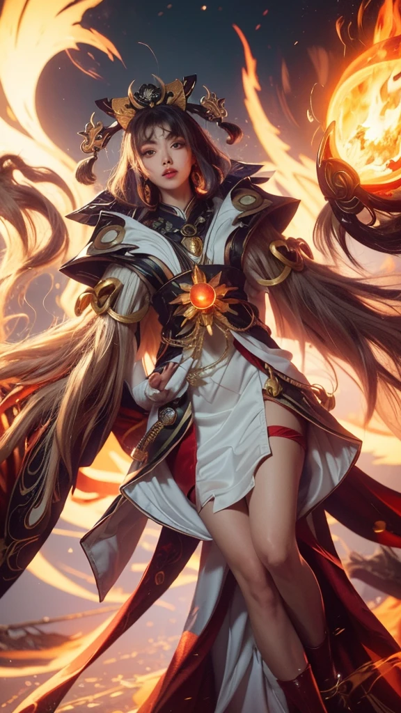 a woman in a white dress holding a sword and a fire ball, beautiful celestial mage, onmyoji detailed art, full portrait of elementalist, onmyoji, epic mage girl character, by Yang J, fire mage, flowing magical robe, heise jinyao, extremely detailed artgerm, female mage, ne zha from smite, ornate flowing robe