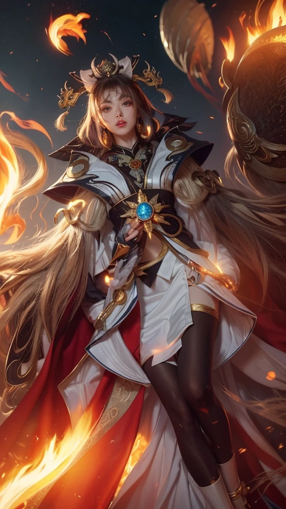 a woman in a white dress holding a sword and a fire ball, beautiful celestial mage, onmyoji detailed art, full portrait of elementalist, onmyoji, epic mage girl character, by Yang J, fire mage, flowing magical robe, heise jinyao, extremely detailed artgerm, female mage, ne zha from smite, ornate flowing robe
