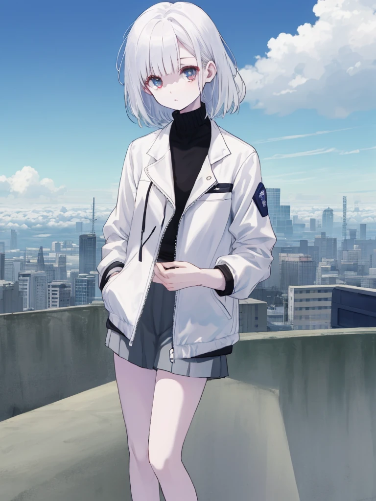 White jacket,Medium Hair, Pale Hair,Pale eyes,Empty City, A town above the clouds, Sky City