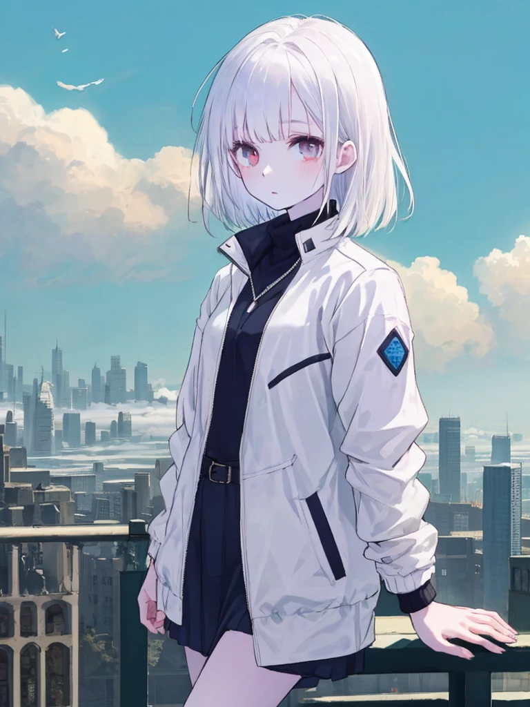 White jacket,Medium Hair, Pale Hair,Pale eyes,Empty City, A town above the clouds, Sky City