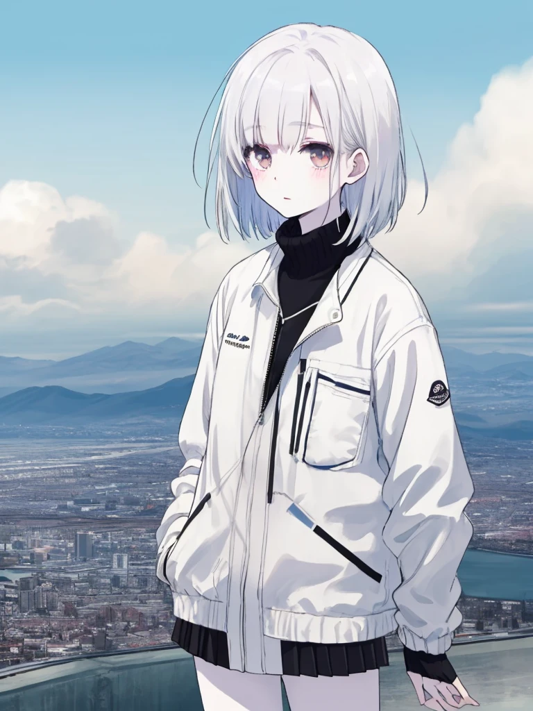 White jacket,Medium Hair, Pale Hair,Pale eyes,Empty City, A town above the clouds, Sky City