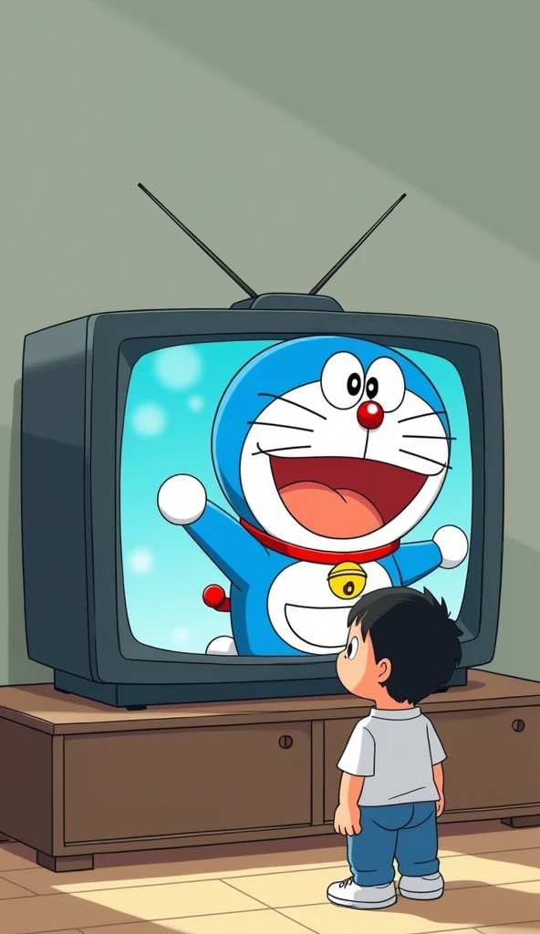 Doraemon stepped out of the TV and stood in front of the 13 year old boy in white and waved hello.