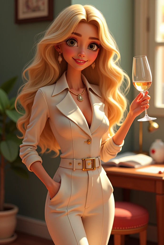 Pixar-style: blonde woman with long hair, light colored business attire and who enjoys wine