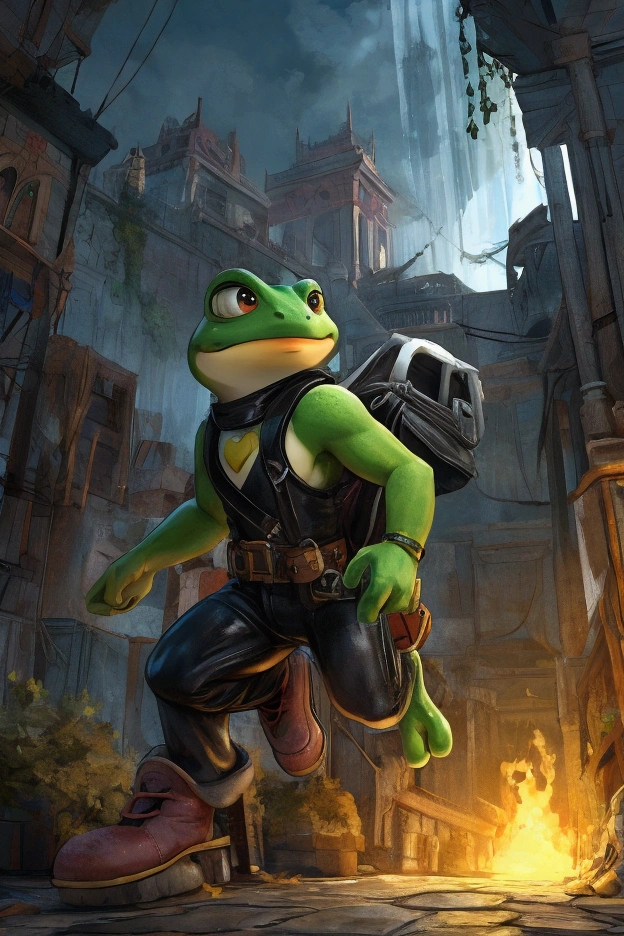 2D platformer game character, a frog wearing leather pants and a small bag on his back