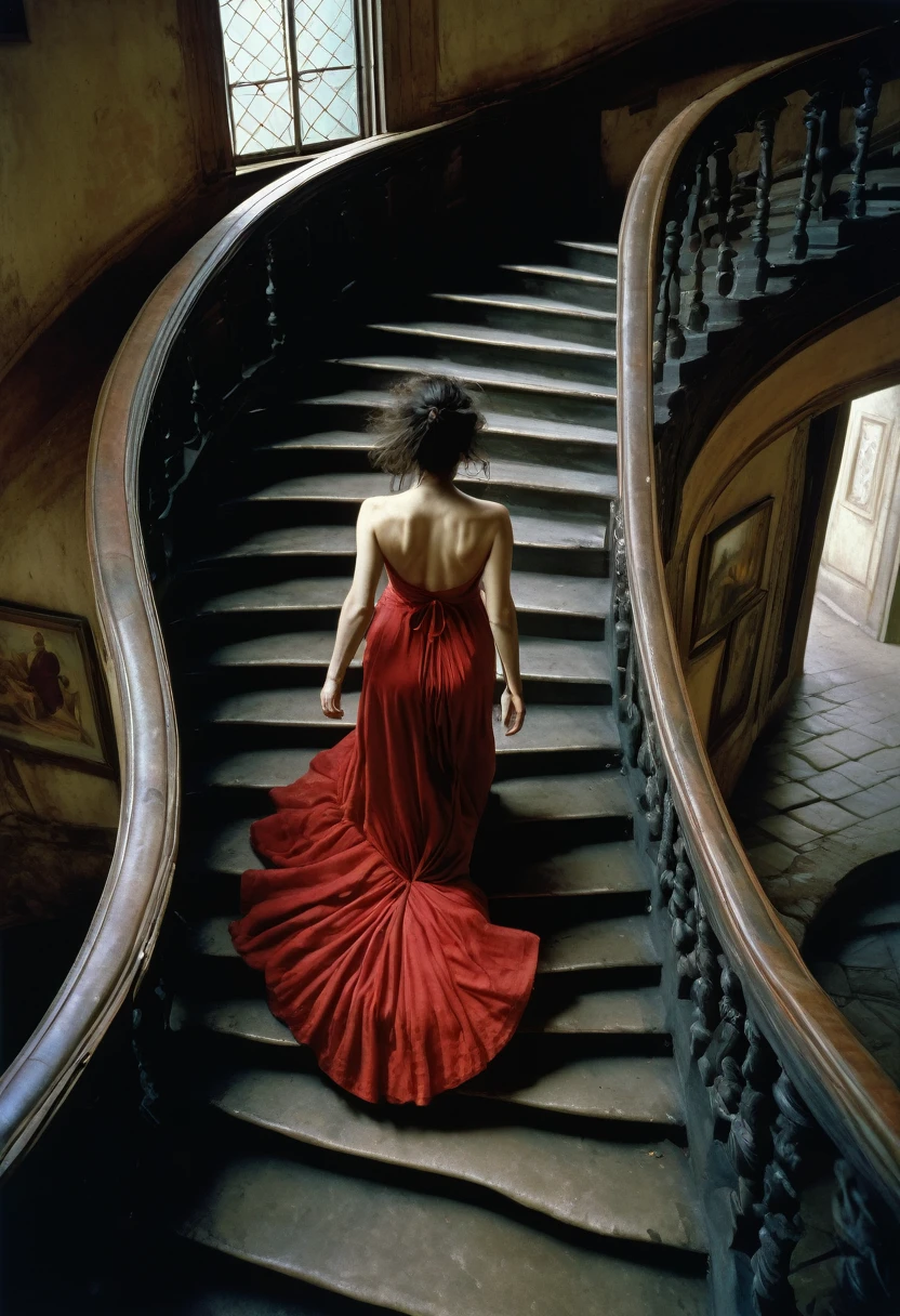 Art by eRA lEISNER, Jan Saudek and Jenny Saville ,Max Ernstrunepunk , a woman with long red dress running down a grand beautiful staircase , angle shot taken from above, detailed photo fujifilm provia 400x, massurrealism, luminous shadows, renaissance-inspired chiaroscuro, HDRI