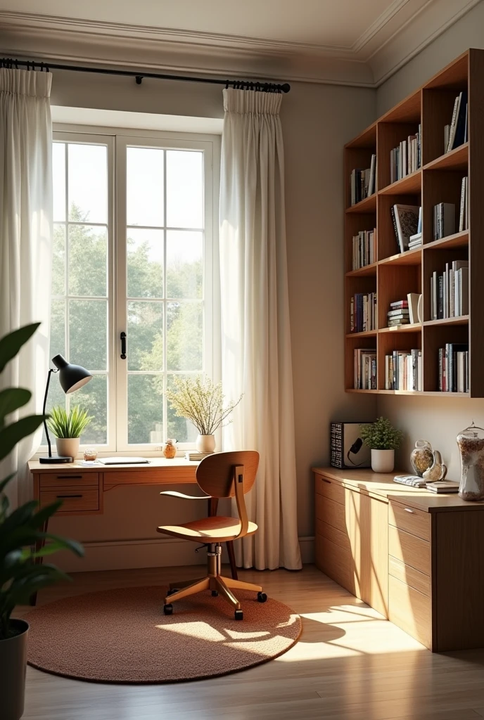 Small bedroom that looks like a relaxed psychology study
With light colors and 2 woods with books and a desk