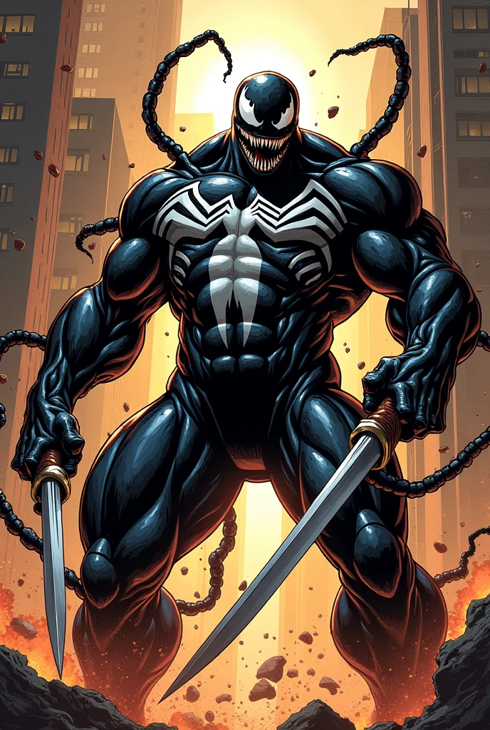 Comics style, venom very big and strong, he holds a weapon in each hand, fighting pose, dynamic pose