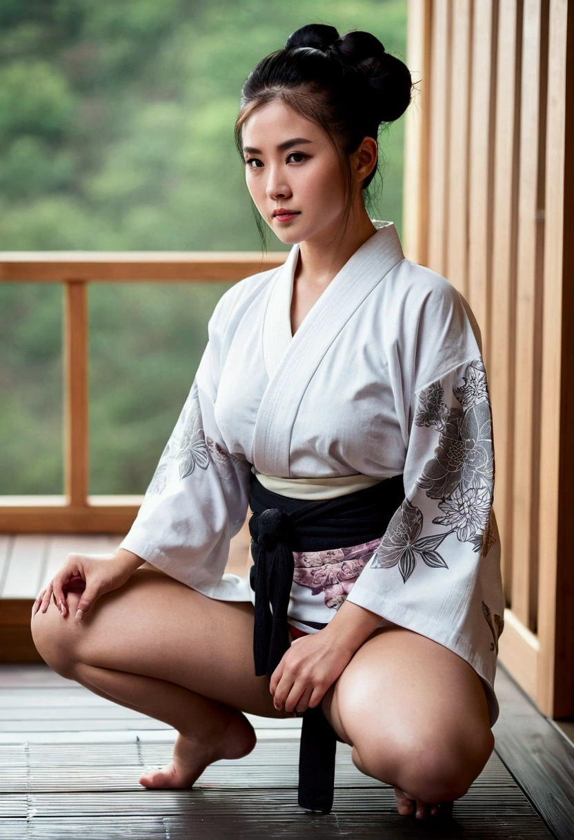 Model beautiful women,age 30s,ethnicity chinese,body type thick,skin white classic tattoos,Breast medium,ass thick thighs,face horny,hair color black,hair type hair bun,eye color brown,clothes yukata,distance  full body,angle dynamic,action squatting,setting onsen,light cinematic,style realisme.